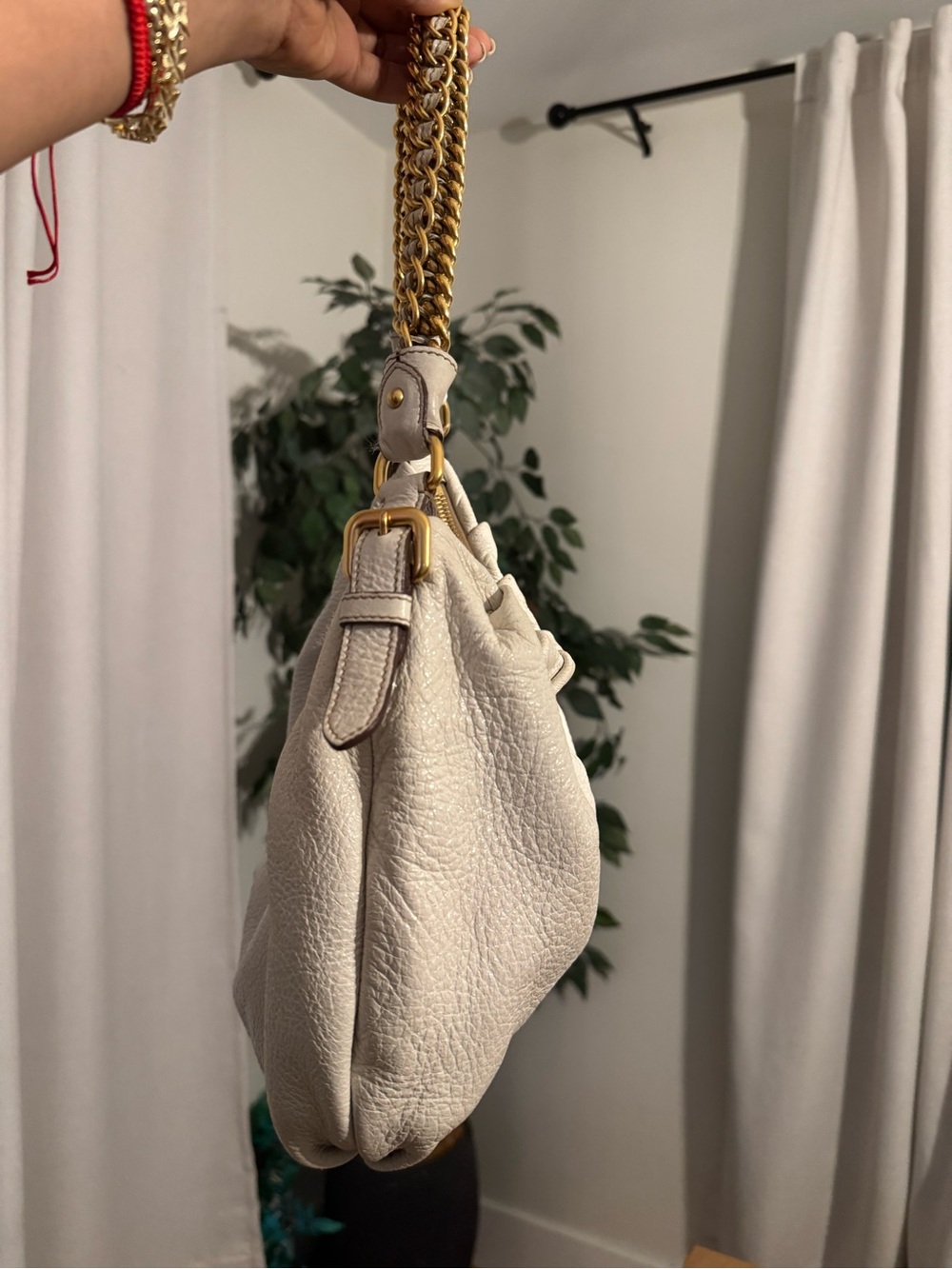 PRADA Cervo Lux Chain Hobo Shoulder Bag Leather Cream GHW PREOWNED - Picture 4 of 16